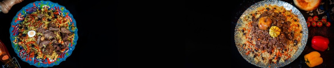 Samarkand pilaf with wegetables. on the black space background