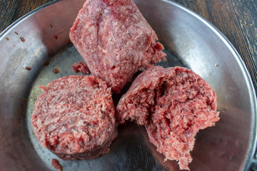 raw hamburger chunks in frying pan flat lay