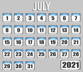 July of 2021 year. Month, day, week. Simply trendy design. Vector illustration background for web, business, reminder, planner, organiser