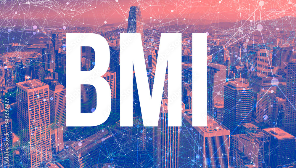 Poster brain-machine-interface bmi theme with abstract network patterns and downtown san francisco skyscrap