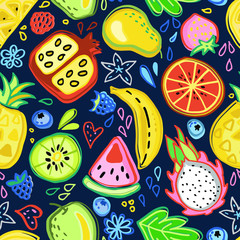 Seamless pattern with tropical fruits, flowers. Doodle style, cartoon. On colorful dark background.