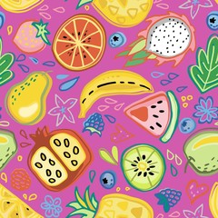 Seamless pattern with tropical fruits, flowers. Doodle style, cartoon. On colorful background.