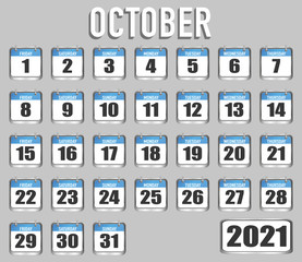 October of 2021 year. Month, day, week. Simply trendy design. Vector illustration background for web, business, reminder, planner, organiser