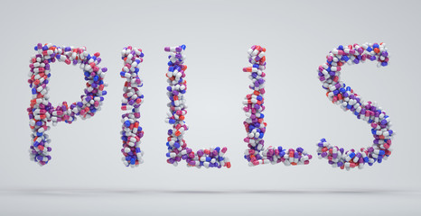 Inscription pills written from colored capsules. 3d-image of a large number of pills. 