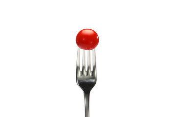cherry tomatoes on a fork. isolated on a white background. Fork with cherry tomato close-up. Macro photo.