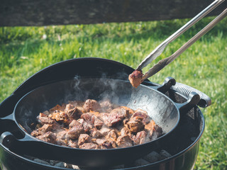 outdoor cooking - beef goulash with onions in dutch oven