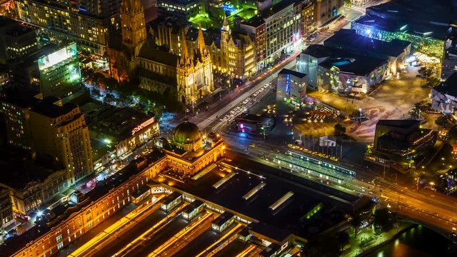 Melbourne City Timelapse zoom in view of St. Paul's Cathedral, Federation Square and Flinders Street Station
