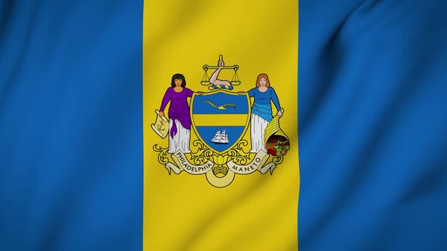 Philadelphia city of Pennsylvania flag is waving 3D animation. Philadelphia city of pennsylvania state flag waving in the wind. Philadelphia city flag seamless loop animation. 4K