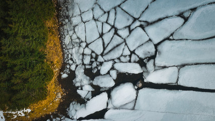 Cracking ice from drone. Spring time and nature creates beautiful effect from ice in a lake.