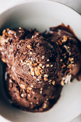 Rich and Indulgent Chocolate Ice Cream Scoops with dark chocolate pieces on a plate
