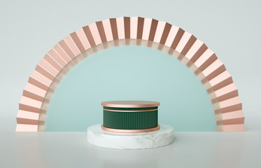 Green pedestal inside rose gold frame on marble podium, minimalist light concept. 3d render illustration