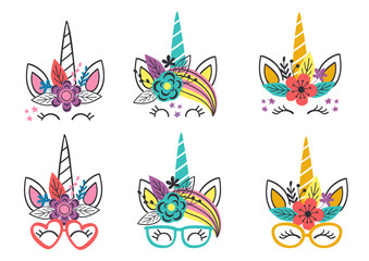 Set of isolated funny unicorn faces.Cute unicorn faces.Unicorn heads. Vector illustration
