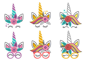 Fototapeta na wymiar Set of isolated lovely unicorn faces.Cute unicorn faces.Unicorn heads. Vector illustration