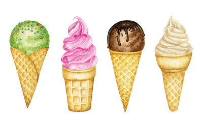 Various ice-cream scoops decorated with chocolate in waffle cone. Watercolor illustration isolated assorted balls of vanilla, chocolate, pink strawberry, raspberry, green pistachio icecream in waffles