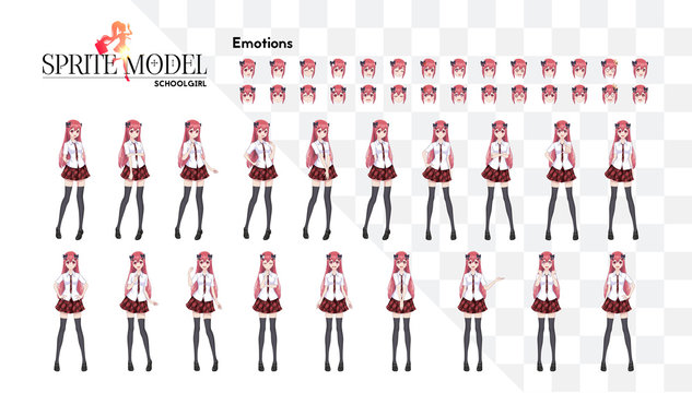 Set of emotions. Sprite full length character for game visual novel. Anime manga girl, Cartoon character in Japanese style. In a white shirt, a red skirt in a cage, a tie and black stockings-tights