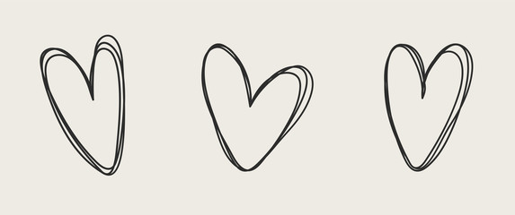 Set of unique hand drawn hearts. Painted design elements. Doodle style hearts collection.