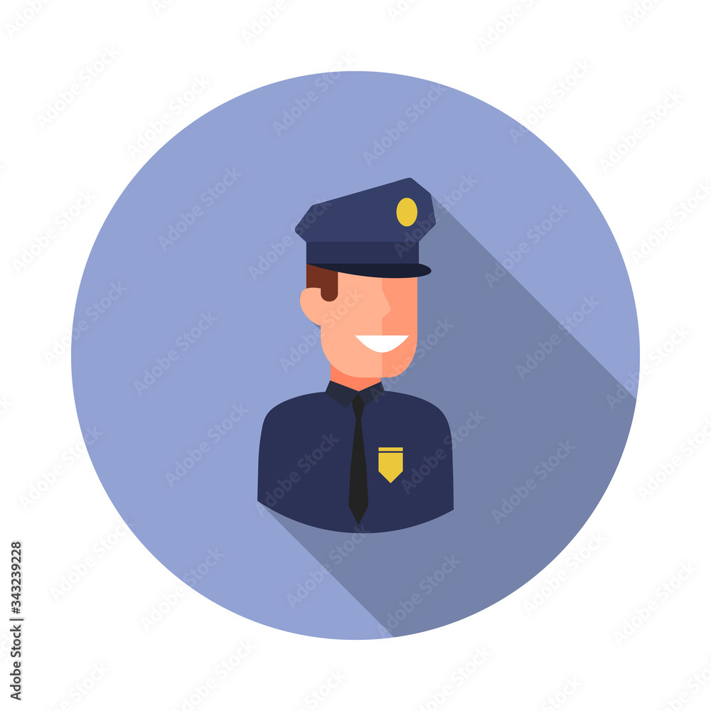 Poster colored avatar of policeman long shadow icon. simple color vector of avatar icons for ui and ux, web