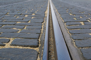 Tram track close-up with vanishing point