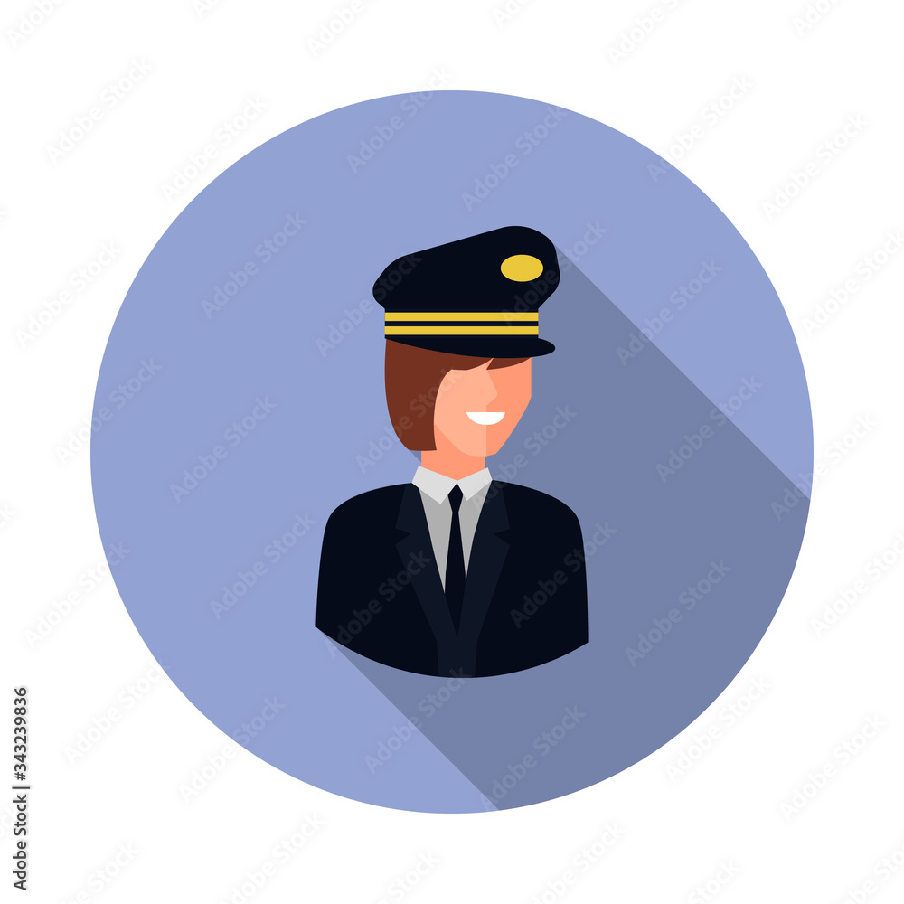 Poster colored avatar of woman pilot long shadow icon. simple color vector of avatar icons for ui and ux, w