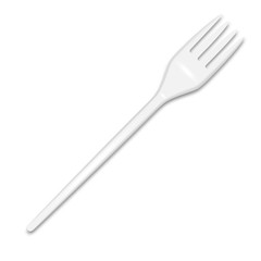 Vector 3d Realistic Cutlery - White Plastic Disposable Fork Icon Isolated on White Background. Top View. Design template, Mock up for Graphics, Branding Identity, Printing