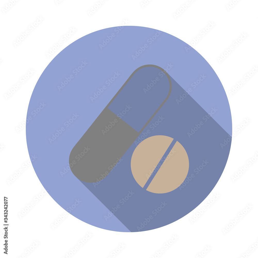 Poster colored medicine pills long shadow icon. simple color vector of web icons for ui and ux, website or 