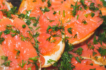 Smoked salmon sandwich. red fish appetizer. festive dinner