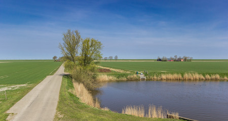 Narrow raod through the flat landscape of Groningen, Netherlands