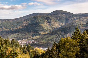 Fototapeta na wymiar City view of Forbach village and Black forest trees