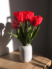 Bouquet of flowers red tulips in a white vase on a wooden table with sunbeams