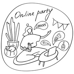 Online party, birthday, virtual meeting friends. Girl sitting in front of laptop with cocktail. Video chat. Vector hand drawn illustration