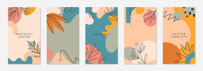Bundle of creative stories templates with copy space for text.Modern vector layouts with hand drawn organic shapes and textures.Trendy design for social media marketing,digital post,prints,banners.