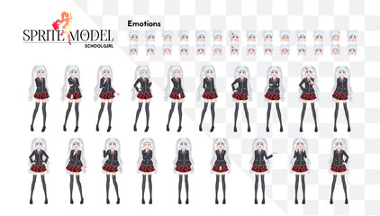 Set of emotions. Sprite full length character for game visual novel. Anime manga girl, Cartoon character in Japanese style. In a white shirt, a red skirt in a cage, a tie and black stockings-tights