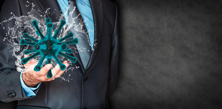 Businessman holding the Covid-19 virus in his hand. Coronavirus concept. Render 3D - Powered by Adobe