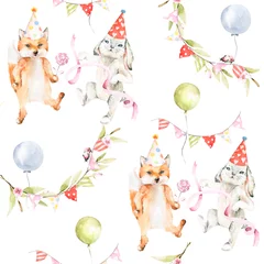  Hand tekenen aquarel naadloze patroon - bos tekenfilm dieren - schattig konijntje en vos, snoep, bloemen, groene bladeren, lint, ballon. Perfect voor kaarten voor verjaardag, feest, babydouche. © 60seconds