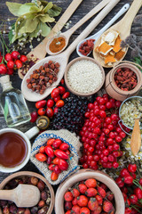 Medicinal plants and herbs composition: Dog rose, bunch branch Rosehips, types Rosa canina hips, essential oil. bunch, Tea with rosehip, Tansy, Anise, dried flowers of linden and chamomile