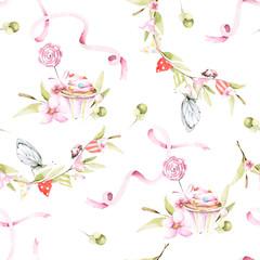 Hand drawing watercolor summer seamless pattern -  sweet muffin with green leaves, flowers, garland, butterfly. illustration perfect cards for birthday, party, baby shower.