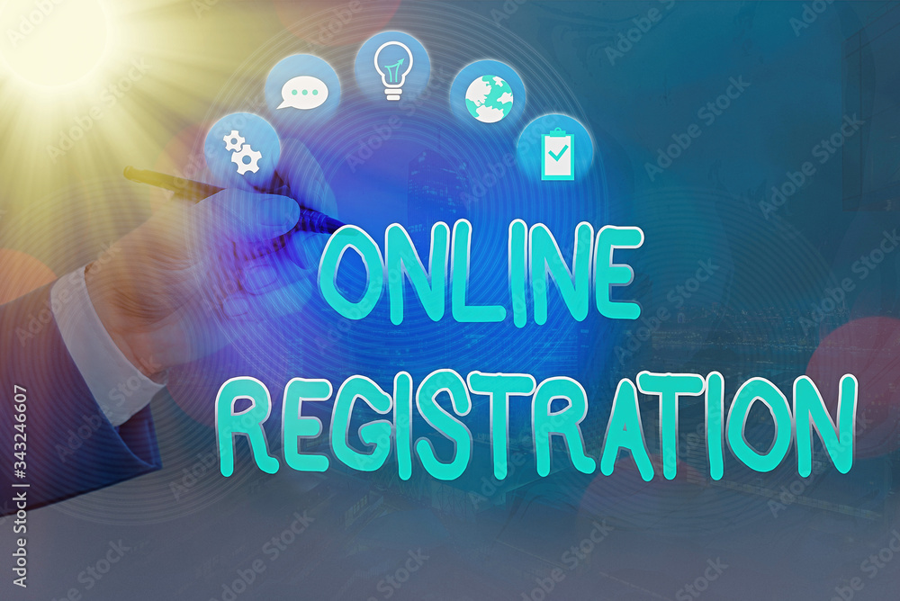 Poster text sign showing online registration. business photo text process to subscribe to join an event clu