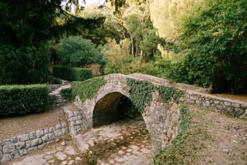 A stone bridge. Ancient bridge of paving with ivy over the mountain river. The area of Milocher Park, originally from Sveti Stefan Island, Montenegro