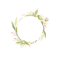 Watercolor frame of hand painted spring wild flowers, green leaves and branches in pastel colors. Romantic floral background perfect for fabric textile, vintage paper or scrapbooking