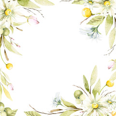 Watercolorframe with hand painted summer wild flowers, green leaves and branches in pastel colors. Romantic floral background perfect for fabric textile, vintage paper or scrapbooking