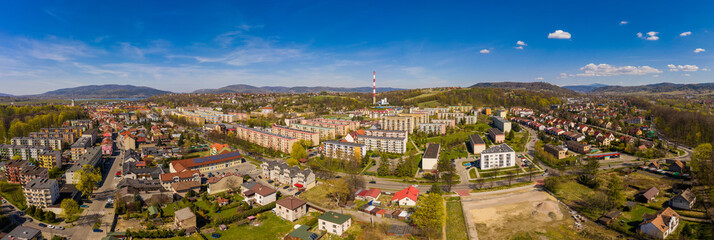 Panorama z powietrza na osiedla w Żywcu 