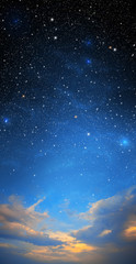 The starry sky and the blue sky together. Sunset. Night sky backgrounds with stars and clouds. Dark cosmos with stars. Sunrise in morning sky with star and milky way background. Day turns to night.