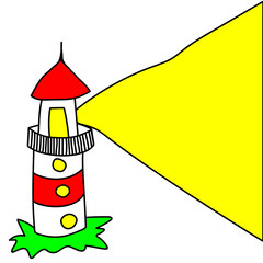 Lighthouse, Navigation Beacon building on island landscape with yellow light. Blank for invitations, card, announcement or greetings, banner or internet post in social net with advertising.