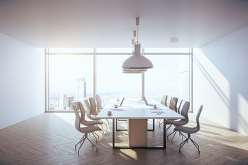 Contemporary concrete office interior with city view