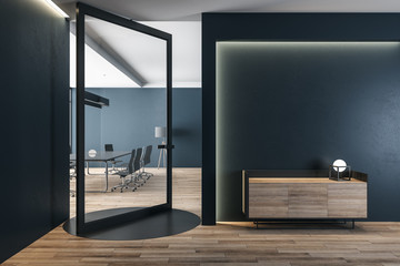 Minimalistic conference interior with modern swing door.