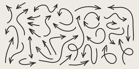 Collection of isolated vector hand drawn simple arrows in doodle style. Minimalistic linear arrows for social media and other design