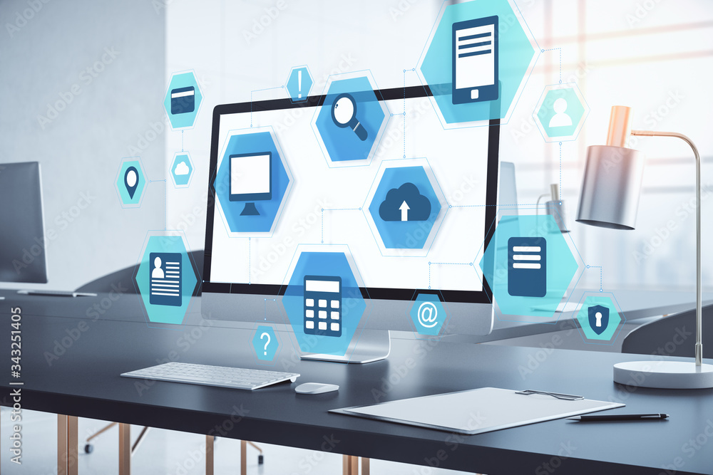 Leinwandbilder Office with computer on table and cloud computing diagram
