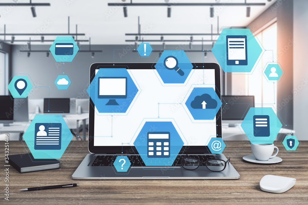 Aufkleber Office with laptop on table and cloud computing diagram.