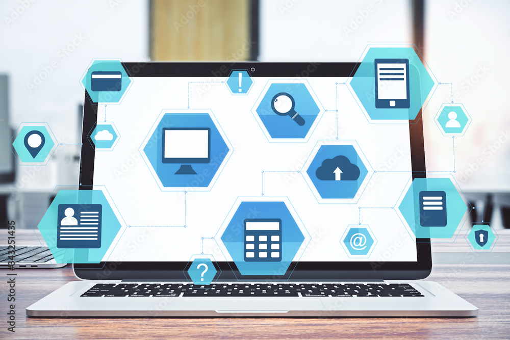 Poster workplace with laptop and cloud computing diagram