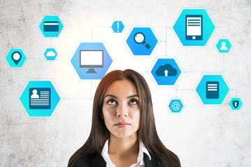 Businesswoman thinking and drawing cloud computing diagram